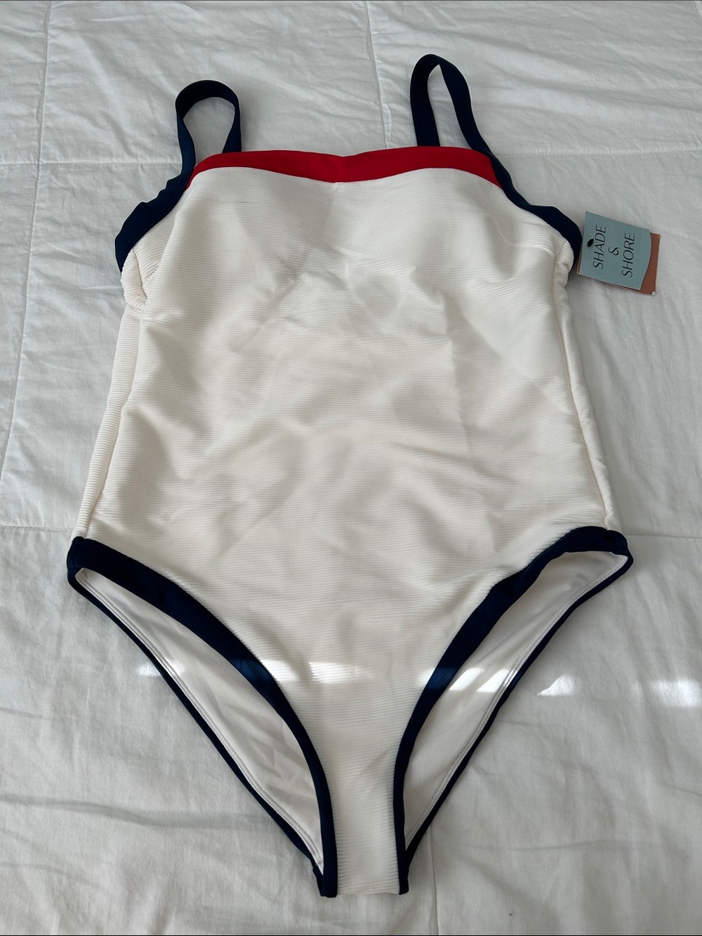 Shade & Shore White One-Piece Swimsuit with Navy Trim and Red Accent, New w/Tag.